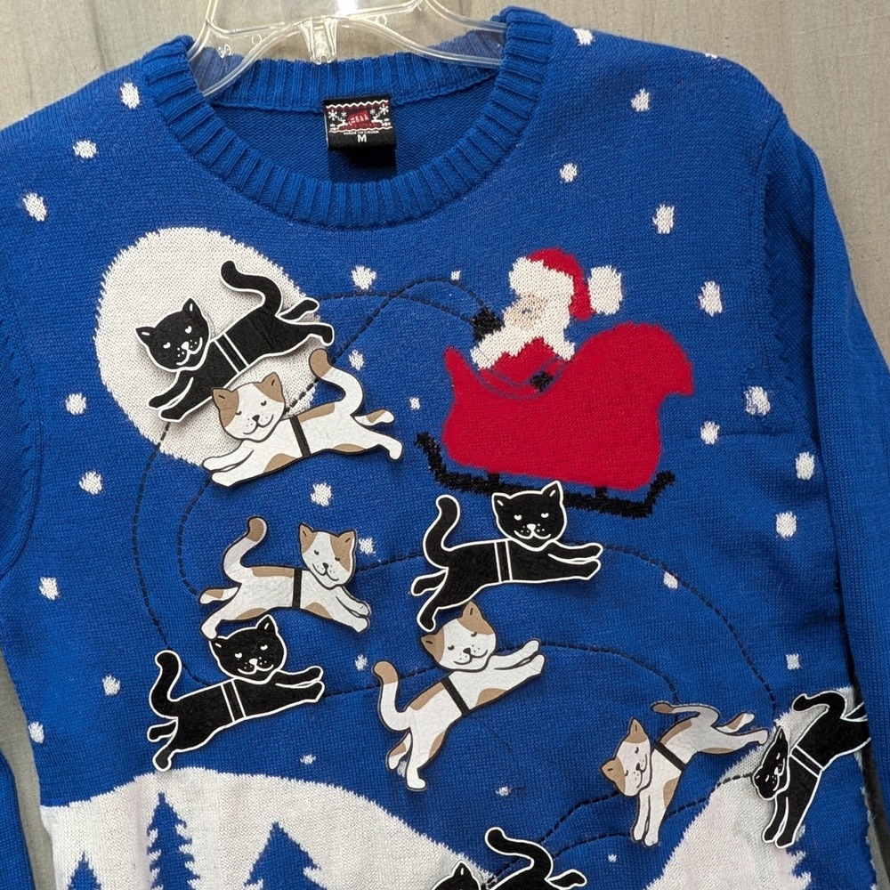 Well Worn Holiday Sweater Womens Medium Blue Santa Flying Cats Ugly Christmas